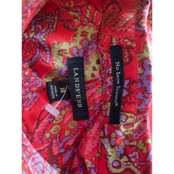 Lands End Womens No Iron Supima Cotton Shirt Size 18 Red Paisley Long Sleeve - Picture 5 of 7